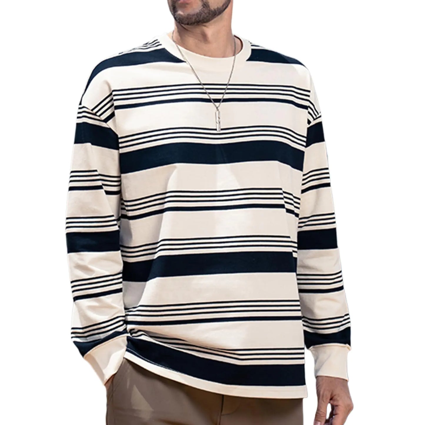 ZVX 2024 Autumn New Heavyweight Striped Long Sleeved T-Shirt for Men Retro Contrasting Loose T-Shirt White Stripes