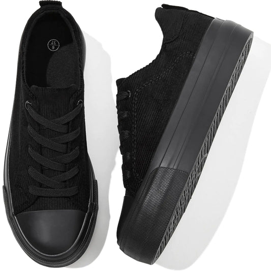 Adokoo Womens Platform Sneakers Corduroy White Sneakers Shoes for Women Black Low Top Lace Up Casual Fashion Walking Shoes(Full BlackUS9.5)
