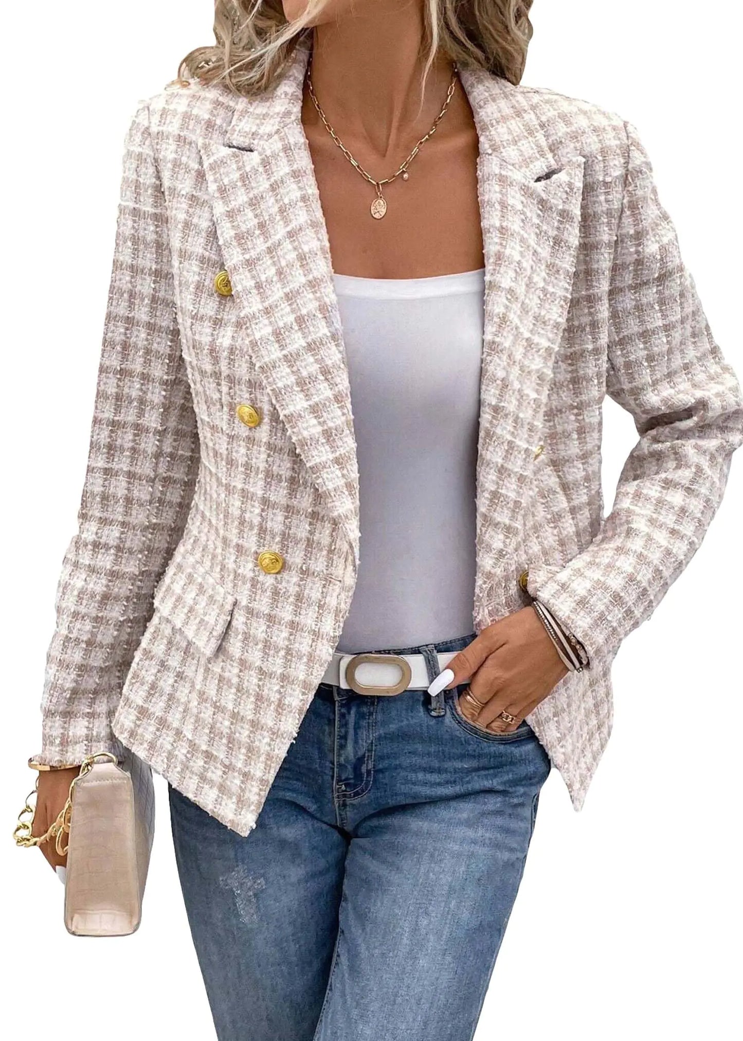 Tweed Blazer Jackets for Women Plaid 2024 Fall Lightweight Womens Fashion Dressy Business Casual Petite Lady Ladies Winter Blazers Jacket Khaki