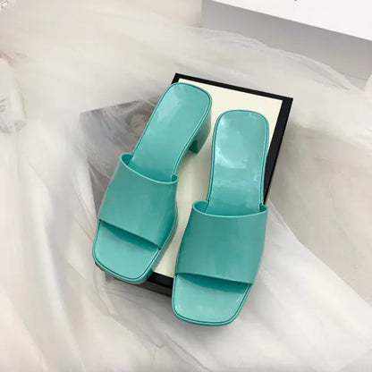 Chunky Heel Candy Color Jelly Shoes with Square Toe