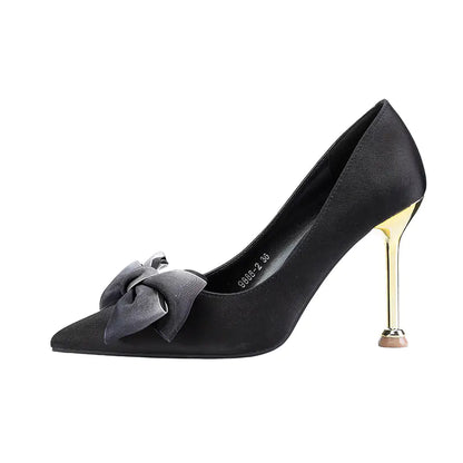Stylish Satin Pointed Toe High Heels with Bow