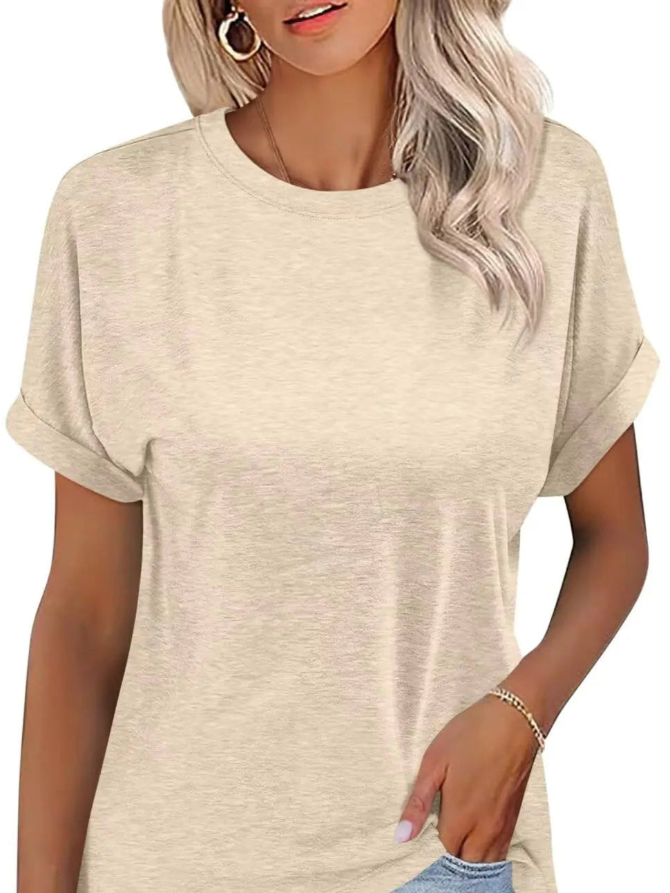 TICTICMISS Womens T-Shirts Rolled Short Sleeve Shirts Crewneck Summer Tops Solid Loose Casual Tees Shirts Beige