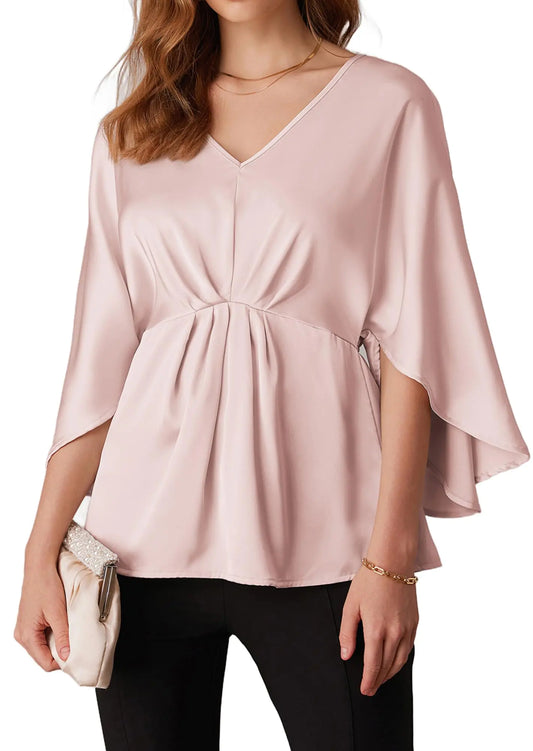 Womens 3/4 Sleeve Peplum Tops Elegant Wedding Batwing Tops Casual Silk Tops for Women Pink L