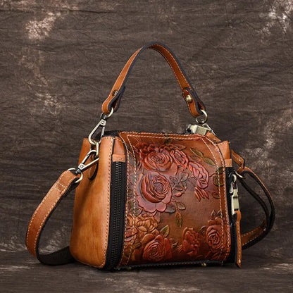 Stylish Vintage Leather Handbag with Floral Design