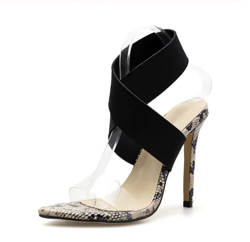 Black Snake Print Pointed Toe High Heels Sandals