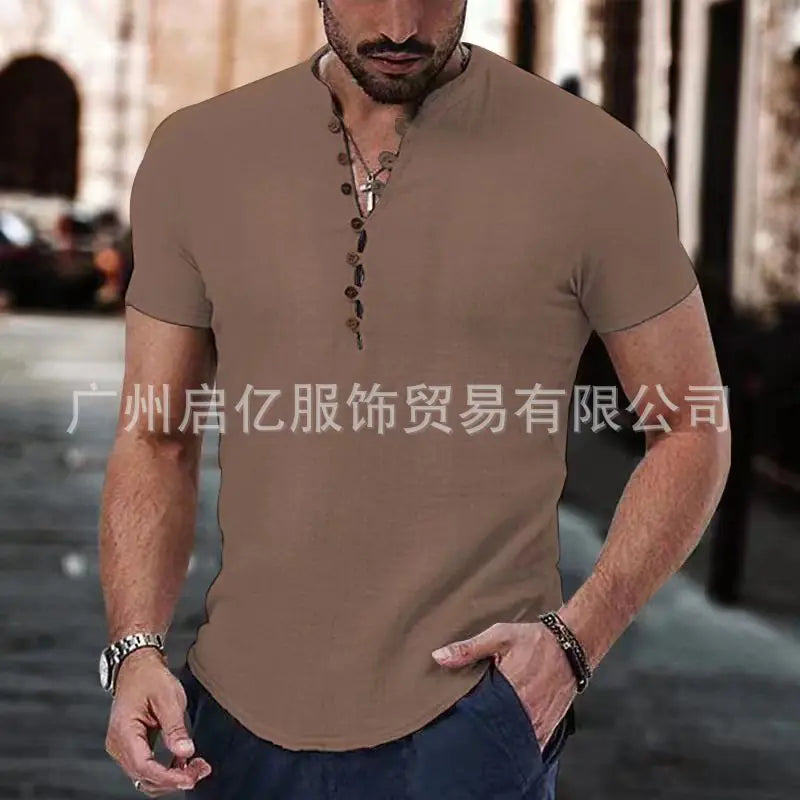 2023 Men's Linen Casual Shirt - Simple V-Neck Summer Wear