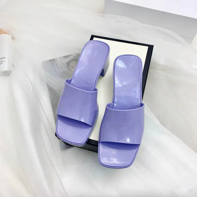 Chunky Heel Candy Color Jelly Shoes with Square Toe