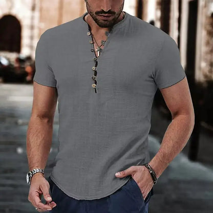 2023 Men's Linen Casual Shirt - Simple V-Neck Summer Wear