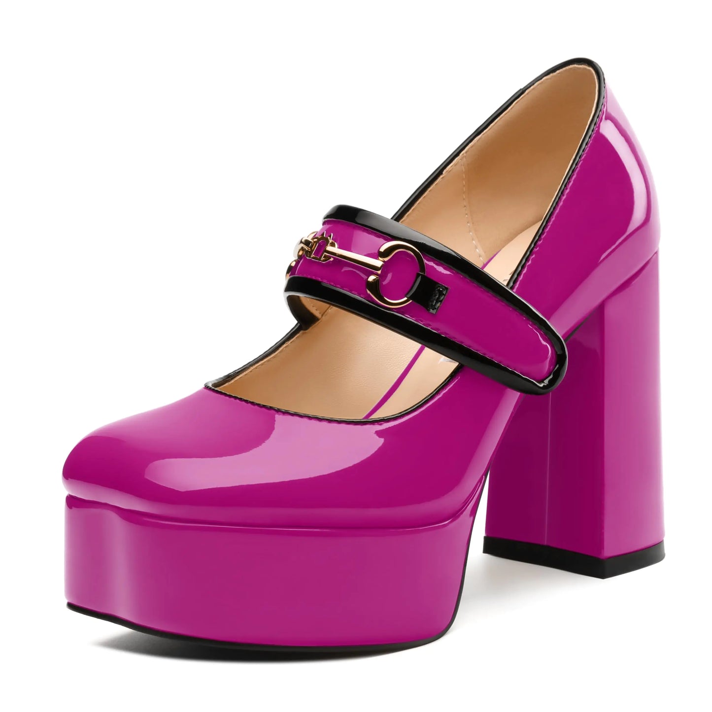 MERRORI Magenta Mary Jane Shoes for Women High Chunky Platform Square Toe Heels Patent Leather Fashion Single Strap Dress Wedding Party Pumps Shoes Size 9.5