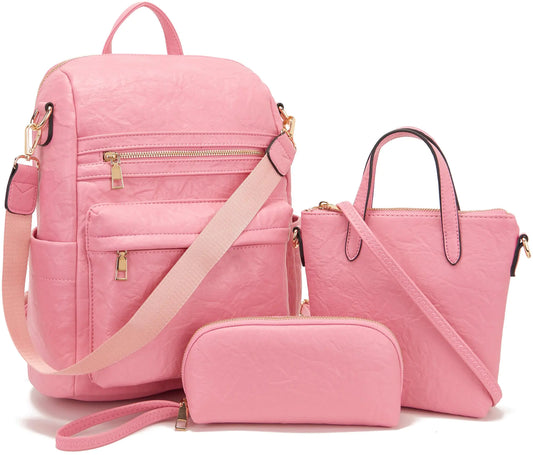 Medium Backpack Purse for Women Convertible Travel Soft Backpacks Ladies Purse set with Wallet and Crossbody Bags Pink