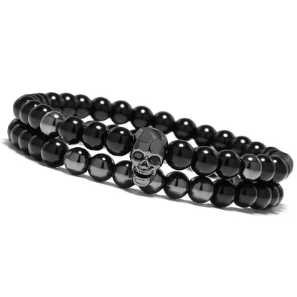 Metal Skull Bracelet with Black Onyx Bead Bracelet Set