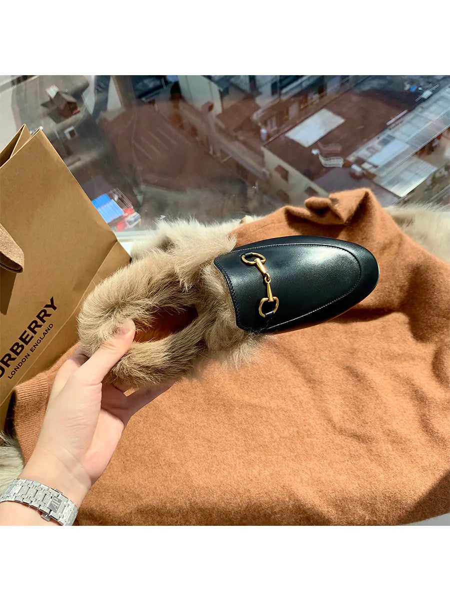 Fuzzy Flat Mule Shoes for Women - 2023 Autumn/Winter