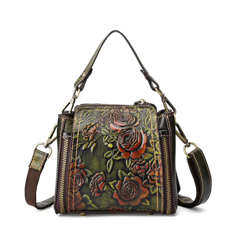 Stylish Vintage Leather Handbag with Floral Design