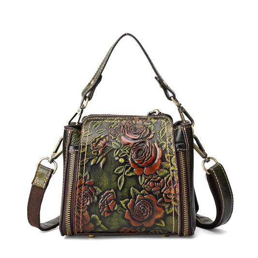 Stylish Vintage Leather Handbag with Floral Design