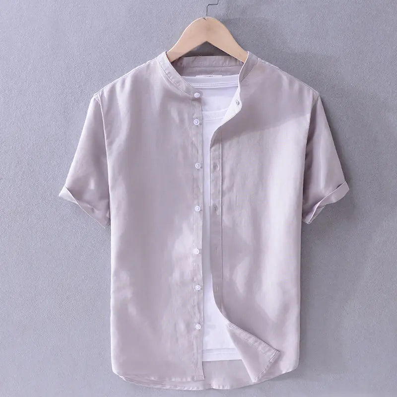 Men's Loose Linen Casual Shirt - Solid Color Beach Style