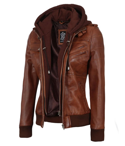 Blingsoul Hoodie Leather Jackets for Women | [1315015] Edinburgh Cognac (XL)
