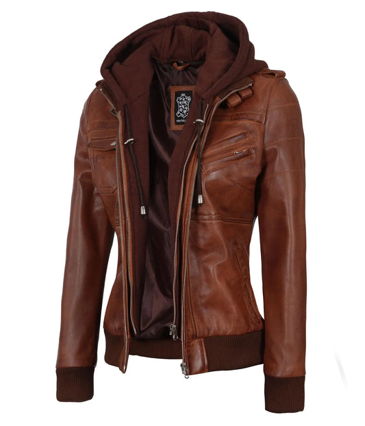 Blingsoul Hoodie Leather Jackets for Women | [1315015] Edinburgh Cognac (XL)