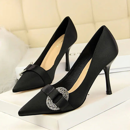 Satin Pointed Toe High Heel Shoes with Rhinestone Buckle