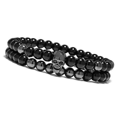 Metal Skull Bracelet with Black Onyx Bead Bracelet Set