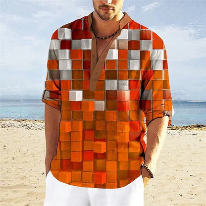 Spring & Autumn 3D Printed Stand Collar Men's Casual Shirt