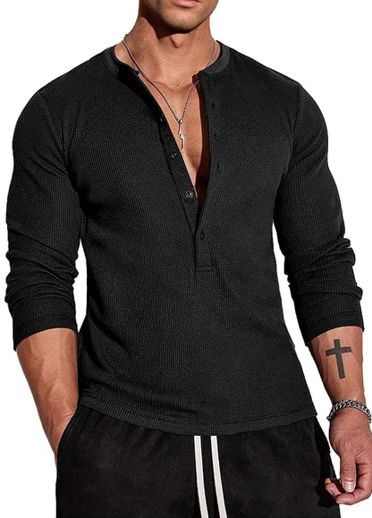 Muscle Cmdr Mens Waffle Henley Shirts Long Sleeve T-Shirt Stylish Casual 5 Button Placket Slim Fit Tee Thermal Underwear Black M