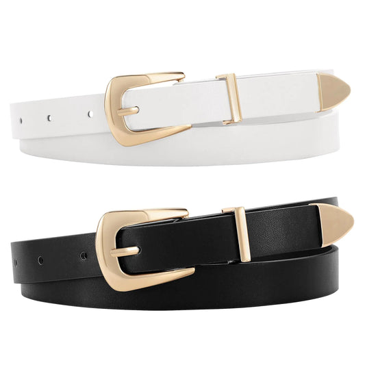 JASGOOD 2 Pack Womens Skinny Leather Belts Faux Leather Thin Waist Belts with Gold Buckle for Jeans Pants Dresses