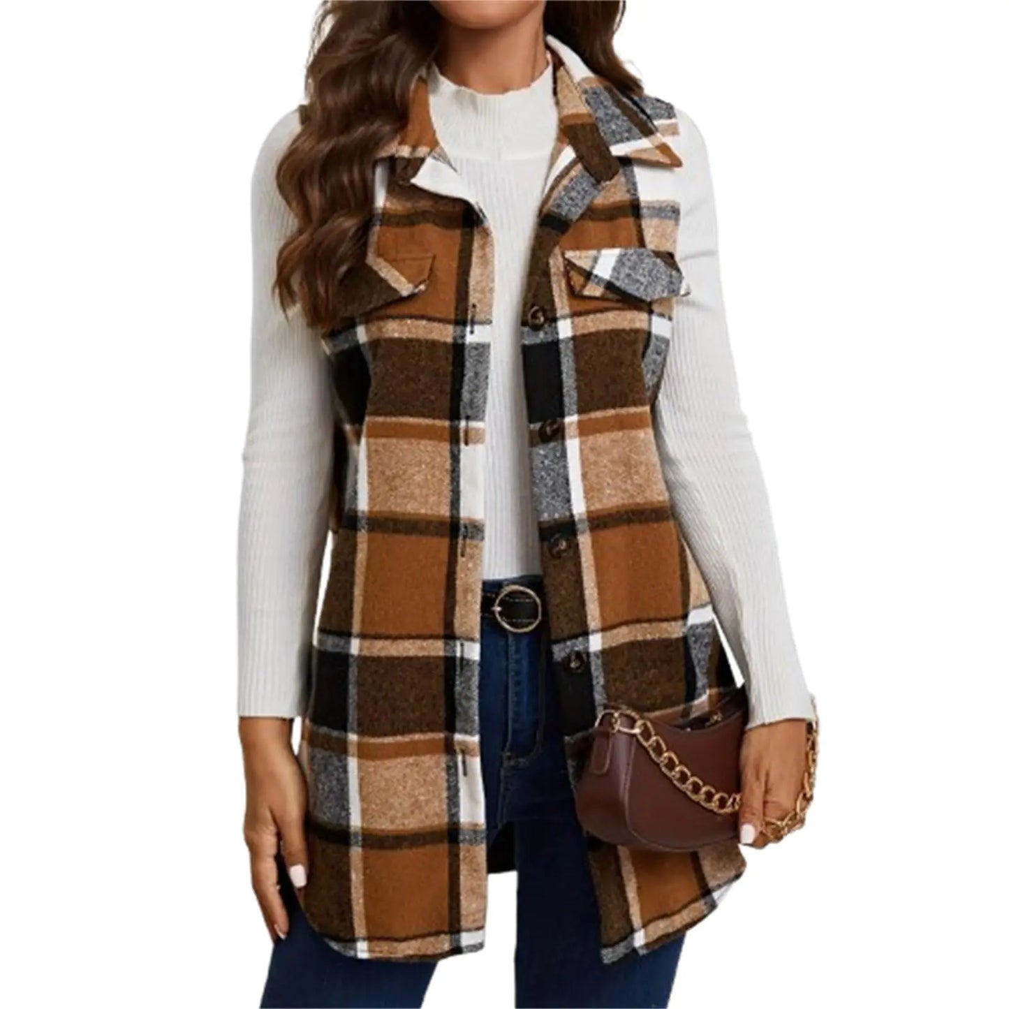 Fall Jackets For Women 2024 Trendy Plus Size Flannel Plaid Long Vests Casual Button Down Sleeveless Shirt Ladies Elegant Business Casual Outfits Vest Jackets Dressy Outwear Coats (B KhakiX-Large)