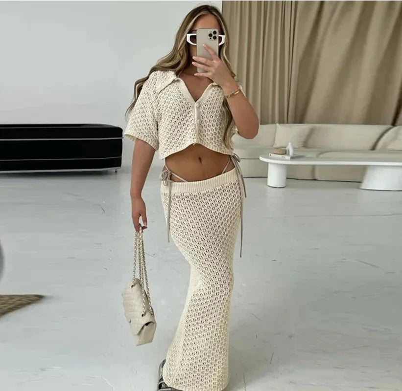 Knitted Crochet Two-Piece Skirt Set – Multi-Color Cardigan & Skirt