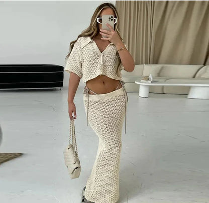 Knitted Crochet Two-Piece Skirt Set – Multi-Color Cardigan & Skirt