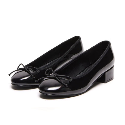 Adrizzlein Black Ballet Flats Shoes for Women Bowknot Round Toe Slip On Flats Pumps Comfort Chunky Low Heel Dress Shoes Black Size 6