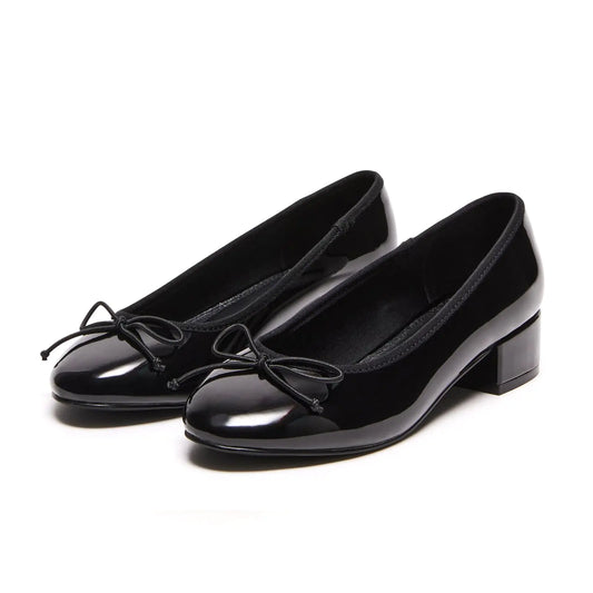 Adrizzlein Black Ballet Flats Shoes for Women Bowknot Round Toe Slip On Flats Pumps Comfort Chunky Low Heel Dress Shoes Black Size 6