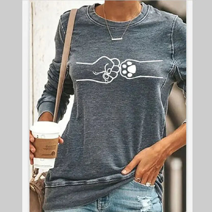 Cat Print Long Sleeve Round Neck Pullover T-Shirt