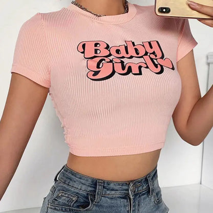 Casual Fashion Letter Printed Navel T-Shirt