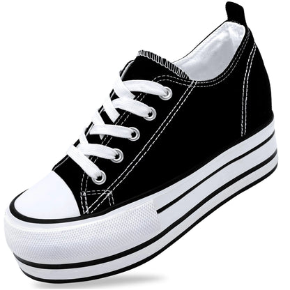 Womens Platform Sneakers Hidden Wedge 3 Inches Height Increase Canvas Sneakers High Heel Fashion Walking Shoes for Women and Girls