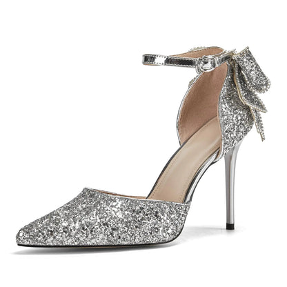 Womens High Heels Butterfly Back Sexy Stiletto Pumps Closed Toe Sparkly Ankle Strap Heels Sandals Dress Wedding Shoes for Women Silver
