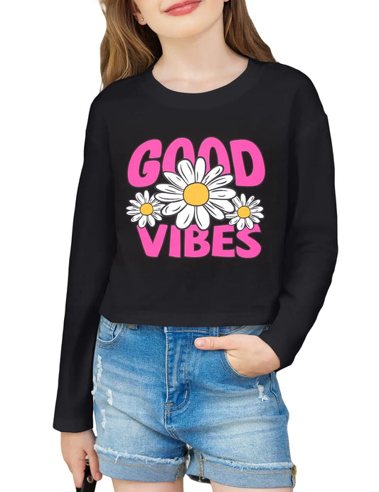 Arshiner Long Sleeve T Shirts for Girls Crewneck Crop Top T Shirt Graphic T Shirts for Girls Drop Shoulder Crewneck Casual Fashion T Shirts Tee Black Flower 7-8 Years