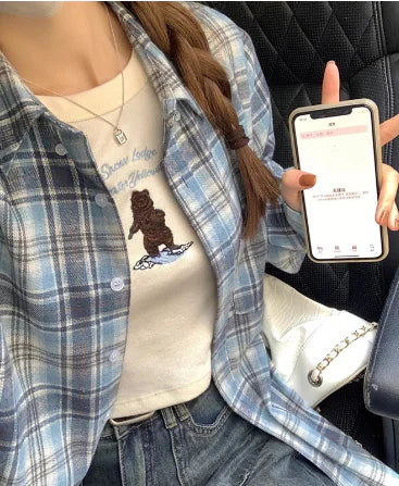 V-Neck Checkered Button-Up Casual Shirt