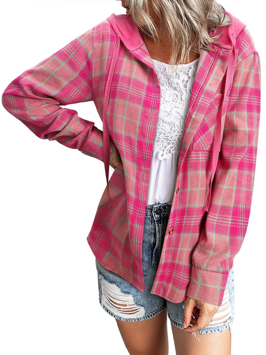 Ezcosplay Women Shacket Flannel Plaid Tops Long Sleeve Plaid Blouse Hood Button Down Casual Shirt Coat