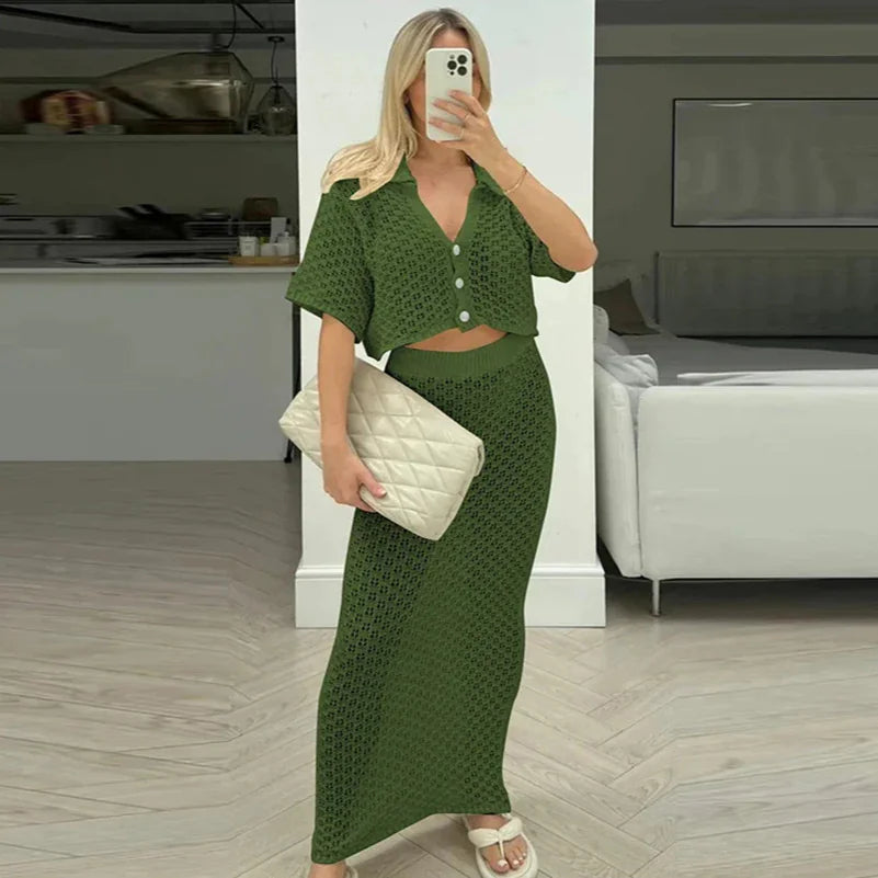 Knitted Crochet Two-Piece Skirt Set – Multi-Color Cardigan & Skirt