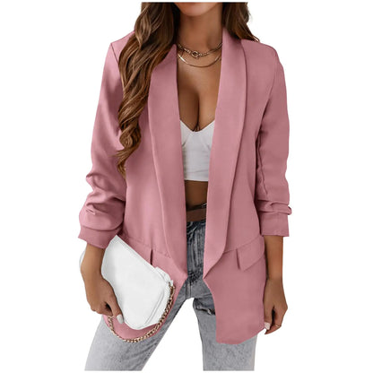 Blazers for Women Business Casual Blazers Open Front Long Sleeve Work Office Jackets Solid Button Lapel Blazer Suit B-Pink