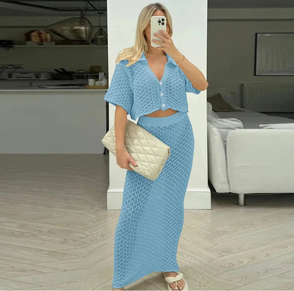 Knitted Crochet Two-Piece Skirt Set – Multi-Color Cardigan & Skirt