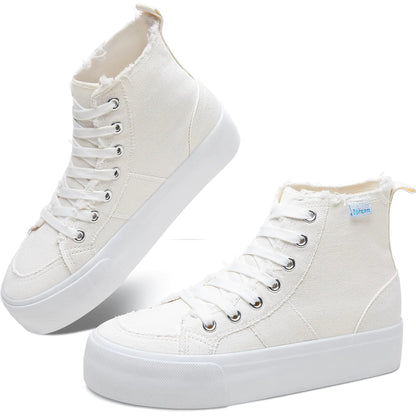 Obtaom High Top Platform Sneakers Women Mid Calf Play Canvas Shoes Washed Platform Skate Skateboard Shoe Casual Canvas Fashion Sneakers(Natural WhiteUS9)