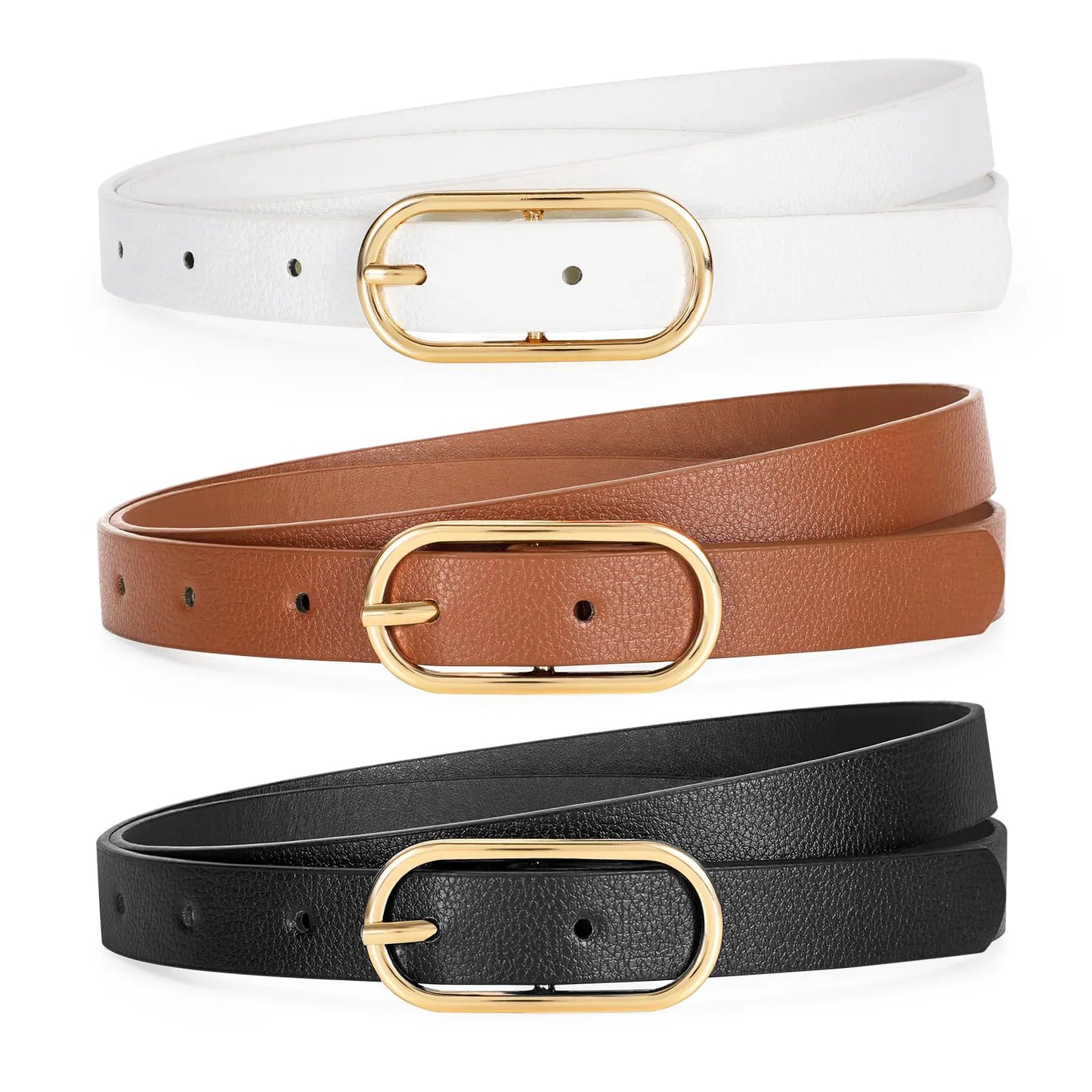 TRIWORKS Women Skinny Leather Belt for Dress Pants Jeans Ladies Thin Waist Belts with Gold Buckle