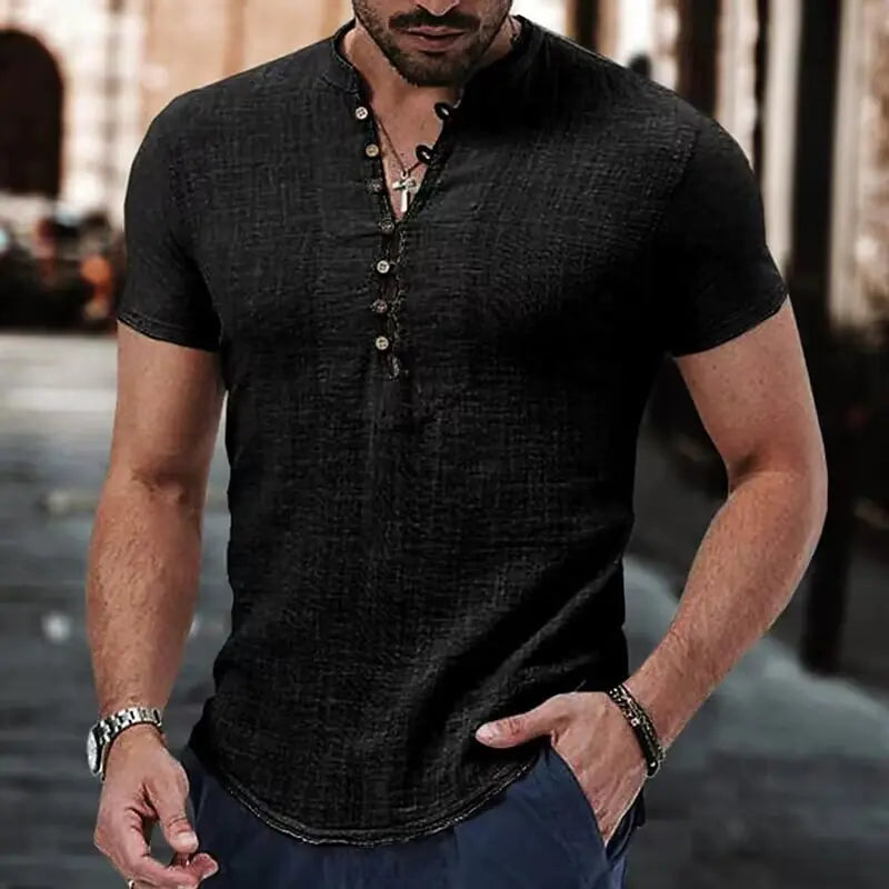 2023 Men's Linen Casual Shirt - Simple V-Neck Summer Wear