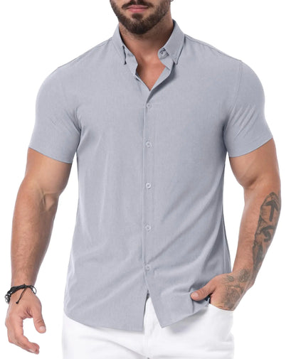 Askdeer Mens Muscle Fit Shirts Wrinkle-Free Short Sleeve Casual Shirt Stretch Slim Button Down Shirt Gray