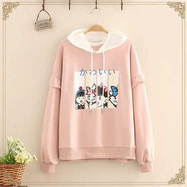 Casual Hoodies with Ruffles and Cartoon Print Cotton
