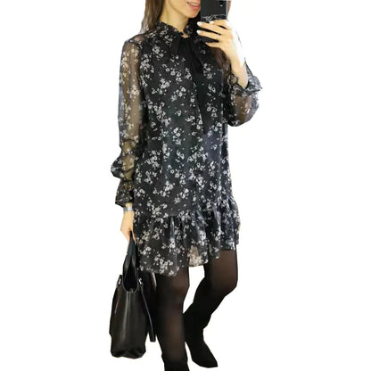 Fresh Floral Round Neck Long Sleeve Chiffon Dress