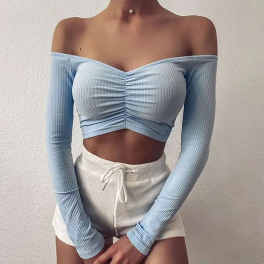 Sweet Solid Color Long Sleeve Off-Shoulder Top for Women
