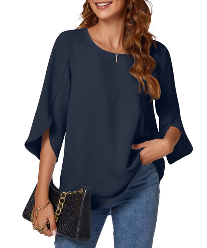 KUOTAI Womens Summer Tops Dressy Casual Shirts 3/4 Sleeve Work Blouse Business Casual Shirt(Navy Blue X-Large)