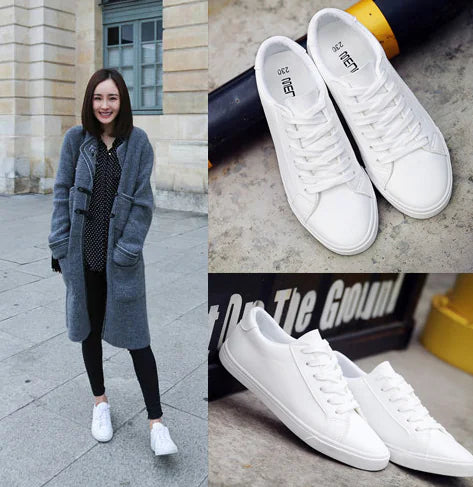 Lace-Up White Sneakers, Flat Canvas Casual Shoes for Women